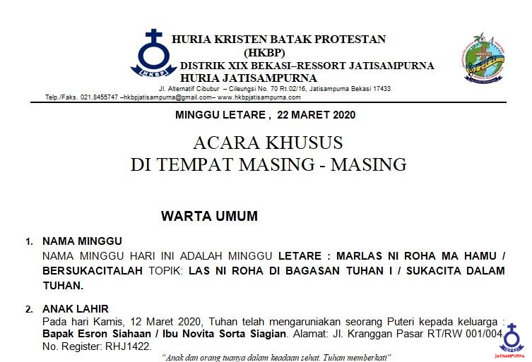 Warta Jemaat, Minggu 22 Maret 2020